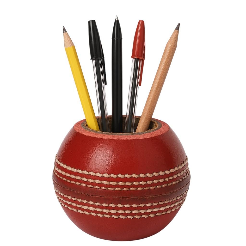 CRICKET-GIFTS - Cricket Ball Pen Holder | Cork & Rubber Core | Ideal Desk Accessory for Cricket Enthusiasts | Cricket Mugs & More, Leather