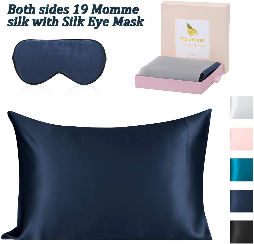 PiccoCasa 2 Piece Silk Pillowcase Gift Set 1 Pcs Both Sides 19 Momme Silk Pillowcases with Envelope Closure for Hair and Skin and Silk Eye Cover in Gift Box Queen Navy Blue