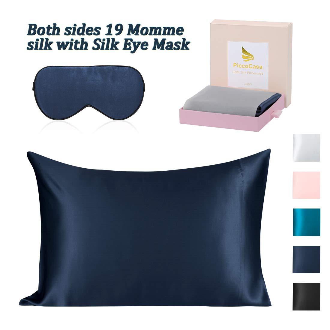PiccoCasa 2 Piece Silk Pillowcase Gift Set 1 Pcs Both Sides 19 Momme Silk Pillowcases with Envelope Closure for Hair and Skin and Silk Eye Cover in Gift Box Queen Navy Blue
