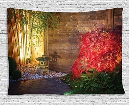Garden Tapestry, Japanese Stone Lantern and Red Maple Tree in an Autumnal Zen Garden Bamboo Trees, Wall Hanging for Bedroom Living Room Dorm, 60 W X 40 L Inches, Multicolor