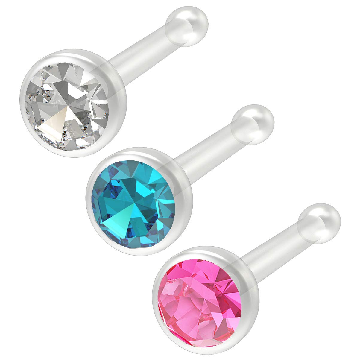 Bling Piercing 3pc 20g Bioflex Nose Bone Bioplast CZ 1mm Micro Flat Flexible Bendable Straight Nostril Bar