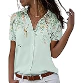 Chicwave Womens Button Down Shirts Short Sleeve Summer Linen V Neck Collared Hawaiian Floral Print Cat Casual Blouse Tops