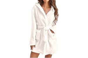 SHOPESSA Fuzzy Robe for Women Mid Length Bathrobe Belted Solid Color Plush Kimono Robe with Pockets Soft Winter Spa Robes