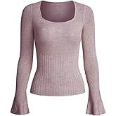 Sweaters for Women Square Neck Ribbed Long Flare Sleeve Slim Knit Women Tops Stretch