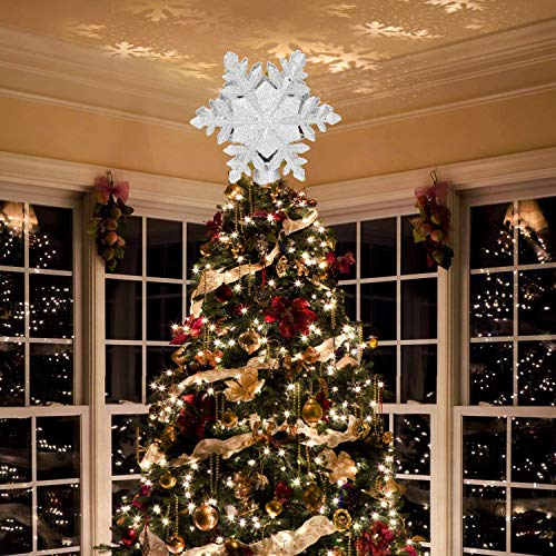 Charlemain Weihnachtsbaumspitze Silber mit Schneeflocken LED Projektor, Glitzer Christbaumspitze mit funkelnden dynamischen Schneeflockenmuster, Netzteilbetriebene Tannenbaumspitze Weihnachtsbaumdeko