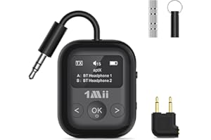 1Mii Safefly Min+ Bluetooth Transmitter and Receiver for Airplane/TV to 2 Bluetooth Headphones, 3.5mm Aux Wireless Audio Adap