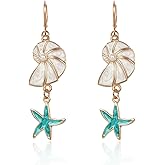Dangle Gold Starfish Earrings for Women Starfish Seahorse Shell Earrings Drop Sea Shell Seashell Starfish Statement Earrings with Pearl Turquoise Tassel Chain Ocean Summer Vacation Beach Jewelry Gift
