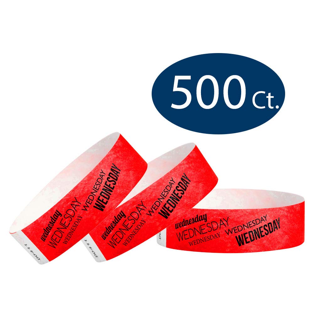 WristCo Wednesday Neon Red Tyvek Wristbands for Events - 500 Count ¾” x 10” - Waterproof Recyclable Comfortable Tear Resistant Paper Bracelets Wrist Bands for Concerts Festivals Admission Party