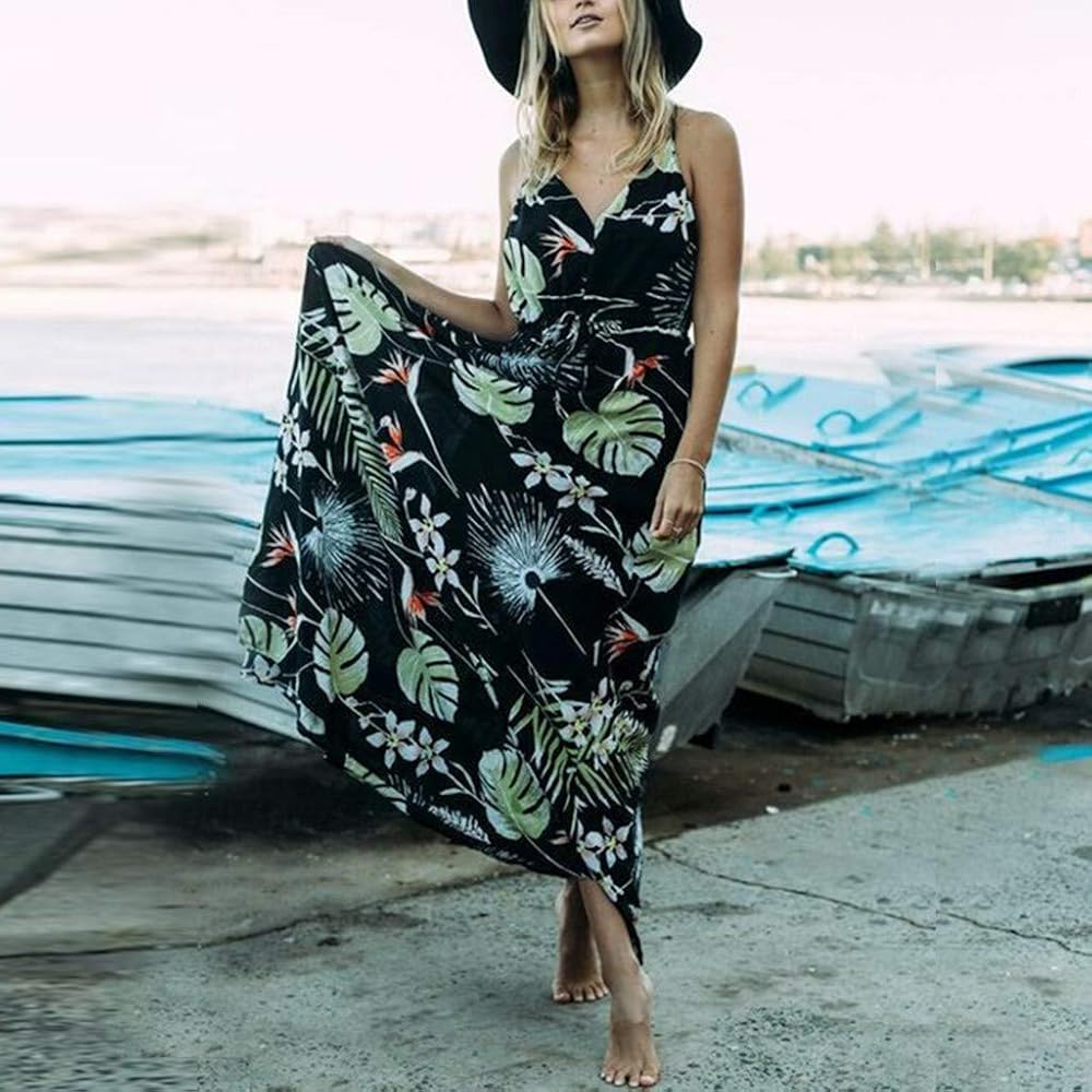 leaf printed spaghetti strap maxi dress