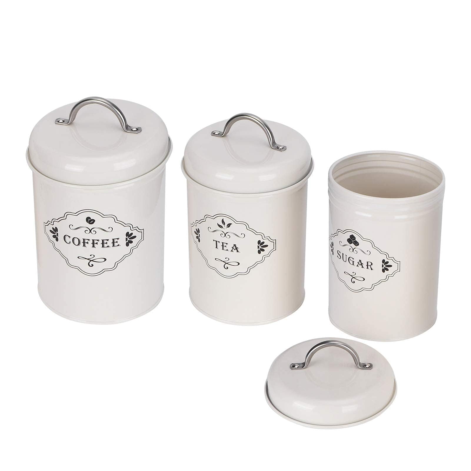 Beufee 3Pcs Sugar Tea Coffee Canisters, Cute Kitchen Canister Set Airtight Farmhouse Metal Coffee Tea Sugar Canister Set with Lids for Storage