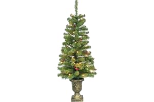 Maylaviu 4FT Artificial Potted Christmas Tree with Lights, Pre-lit Mini Christmas Tree with 50 LED Lights, Small Fake Spruce Tree with 140 Branch Tips, Pine Cones&Red Berries, Battery Operated