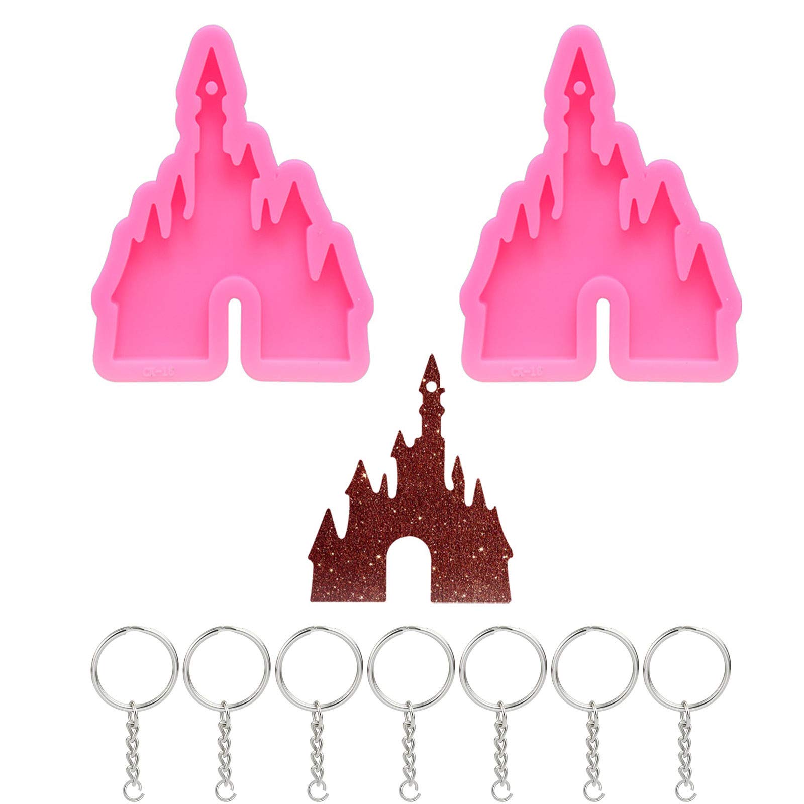 2 Pcs Castle Silicone Mold with Hole Castle Shaped Keychain Molds Chocolate Candy Cake Clay Baking Moulds and 10 Pieces Key Rings with Chain- Castle