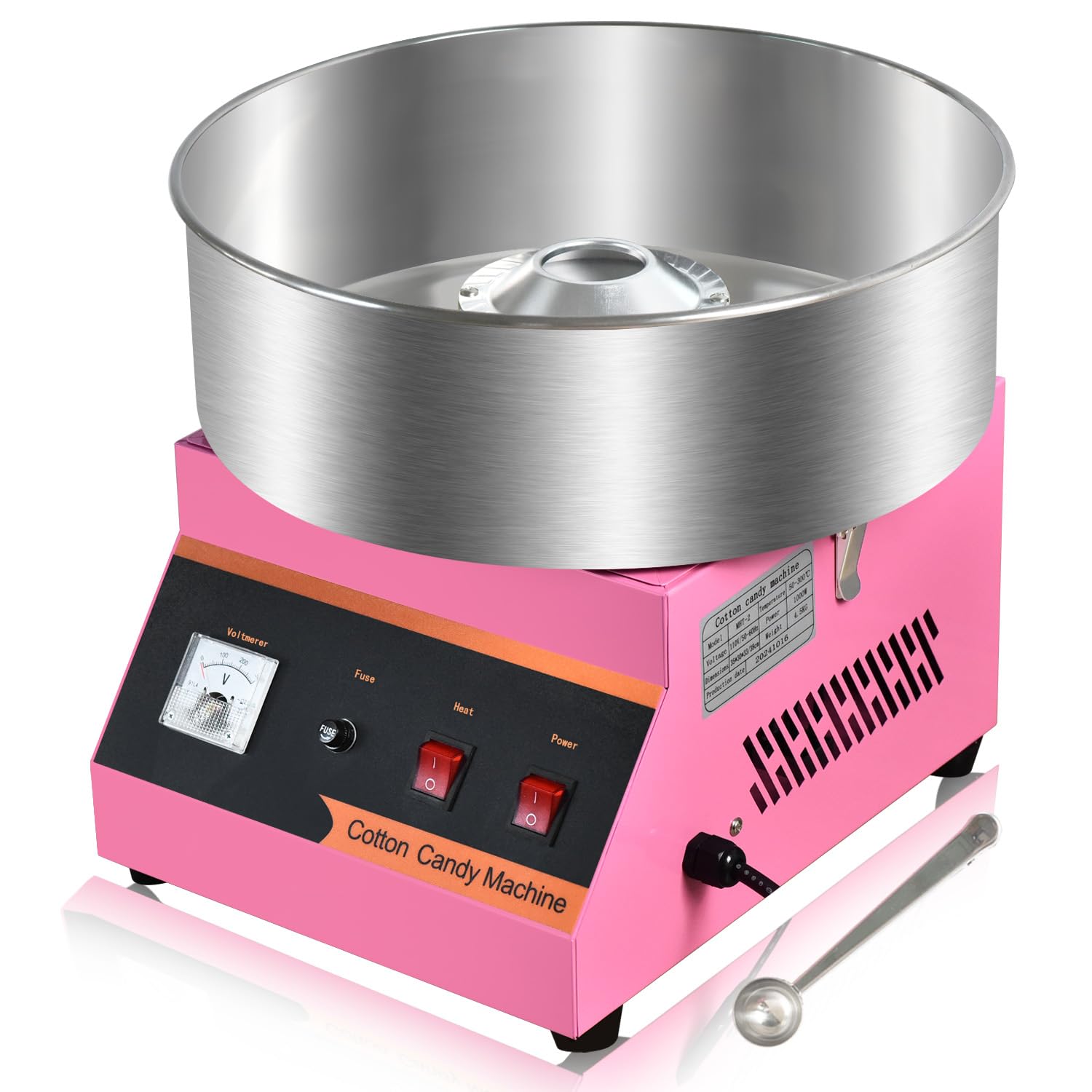 110V1000W Electric Commercial Pink Cotton Candy Machine, 15 Inch Stainless Steel Large Bowl, Dual Switch, Easy to Operate, Fast Candy Production, 3-4 pieces per minute