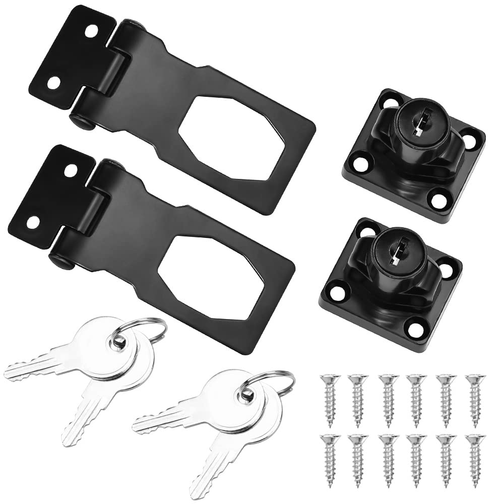 PERFETSELL 2 Pack 2.5 Inch Lock Hasp Metal Door Bolt Latch Buckle with Padlock and Key Twist Knob Keyed Hasp Locks Clasp Shed Door Bolt Latch for Doors/Cabinets/Windows