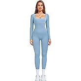 OLCHEE Womens Long Sleeve Workout Jumpsuit Square Neck Ribbed Seamless Yoga Romper Sexy Bodycon Tummy Control Unitard Onesie