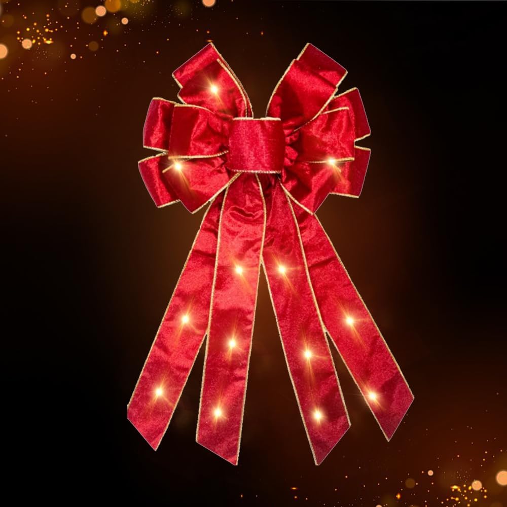 Bows & Ribbons - Large Christmas Wreath Bows with Mini LED Strip Christmas Wine Red Velvet Ribbon Bows for Wreath, Tree Topper Burlap Bows for Christmas Home Indoor Outdoor Party Decoration Wreath Ornament Supplies