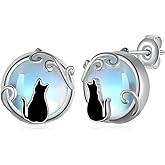 Black Cat Earrings 925 Sterling Silver Cat Earrings Moonstone Earrings Animal Stud Earrings For Women Jewelry Gift