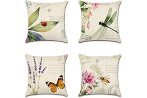Artscope Set of 4 Waterproof Throw Pillow Covers 18x18 Inches, Decorative Spring Cushion Covers for Outdoor Patio Garden Living Room Sofa Farmhouse Decor (Insects & Plant)