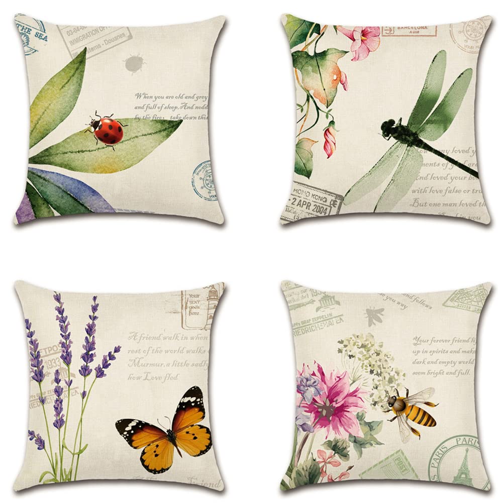 Artscope Set of 4 Decorative Cushion Covers 45X45cm, Insects and Plant Waterproof Throw Pillow Covers, Perfect to Outdoor Patio Garden Bench Living Room Sofa Farmhouse Decor
