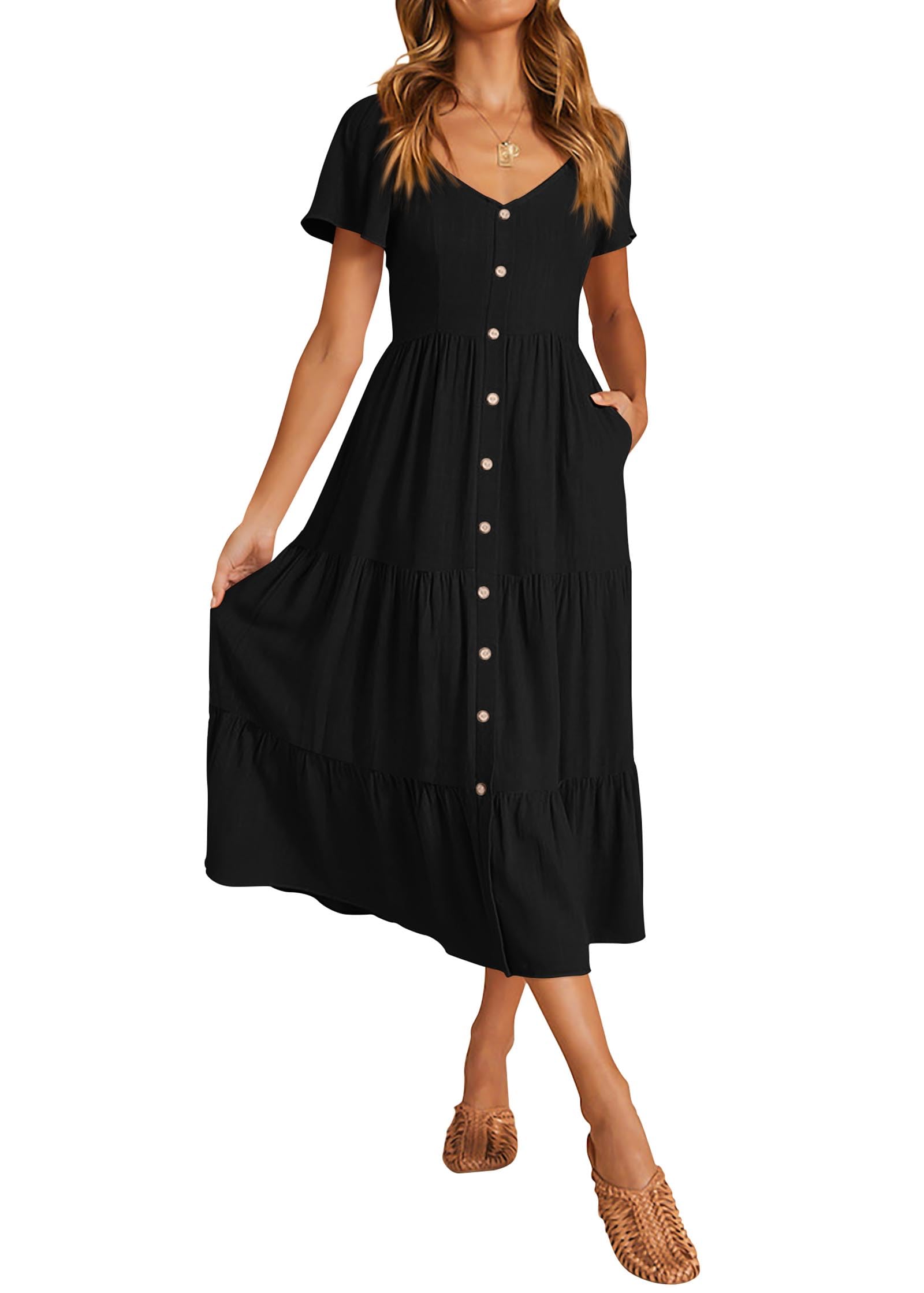 Photo 1 of KIRUNDO Women 2025 Spring Summer Casual Short Sleeve Midi Dress Button V Neck Tiered Vacation Sundress with Pockets(Black, X-Large)