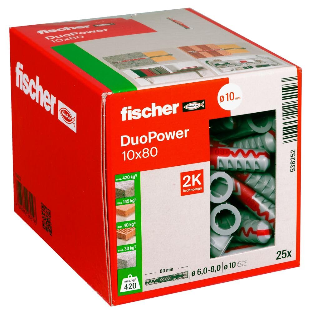 fischer DuoPower 10 x 80, Universaldübel, leistungsstarker 2-Komponenten-Dübel, Kunststoffdübel zur Befestigung in Beton, Ziegeln, Stein, Gipsbauplatten uvm., ohne Schrauben, 25 Stück