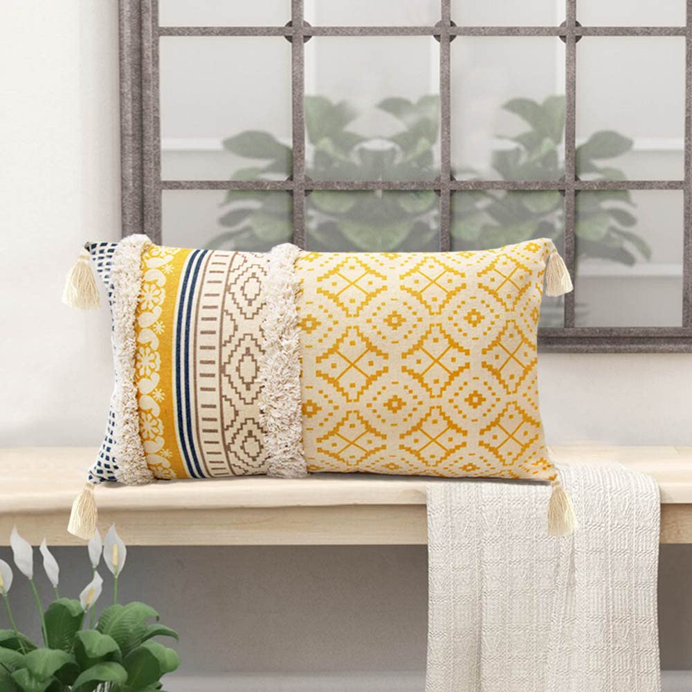 Photo 1 of DUKYMIK Lumber Boho Throw Pillow Cover for Couch Sofa - Cotton Hand-Woven Tufted Moroccan Decorative Pillowcase with Tassels for Farmhouse Living Room Bedroom Car Hotel - Yellow 12 x 20 Inches