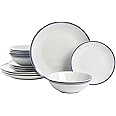 10 Strawberry Street Café Stripe Coupe Dinnerware Set, 12 Piece, Navy Blue