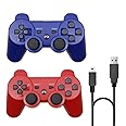 Rzzhgzq 2 Pack PS3 Wireless Controller Playstation 3 Controller Wireless Bluetooth Gamepad with USB Charger Cable for PS3 Console (BLUE+RED)