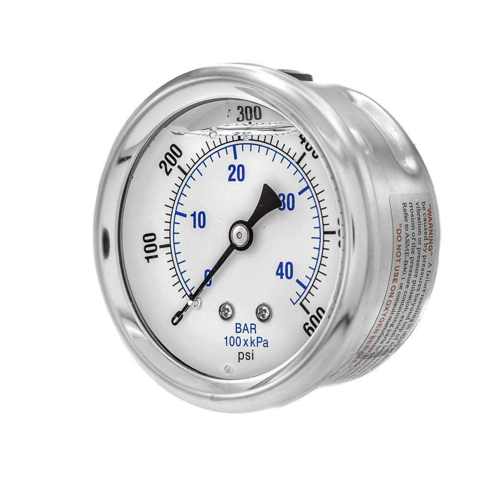 PIC Gauge PRO-202L-254K Glycerin Filled Industrial Center Back Mount Pressure Gauge with Stainless Steel Case, Brass Internals, Plastic Lens, 2-1/2" Dial Size, 1/4" Male NPT, 0/600 psi