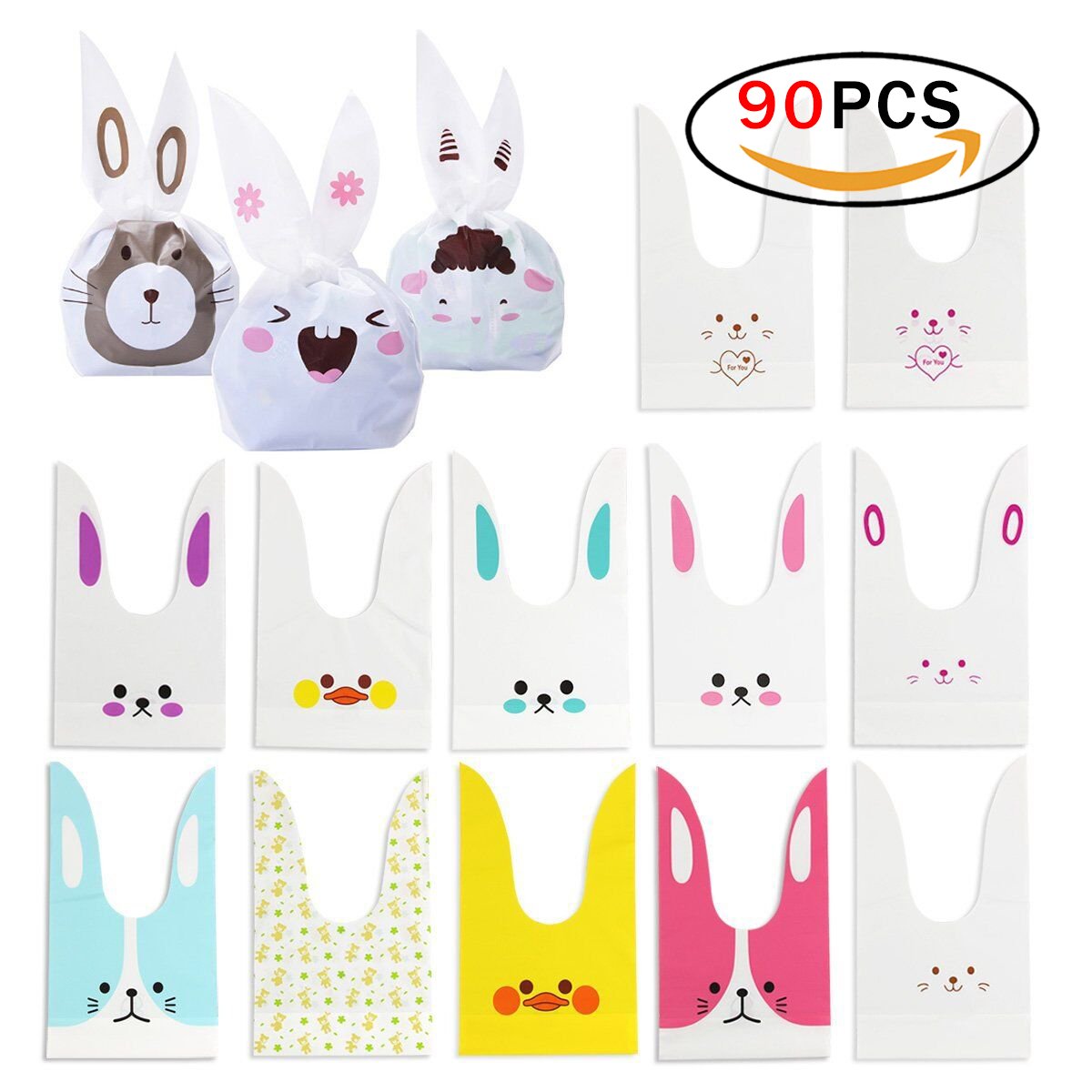 Ndier Sacs de Bonbons 90pcs Sac Cadeaux Biscuit Candy Bags avec d\'oreilles de lapin, sac de casse-croûte pour la fête, anniversaire, la nouvelle année