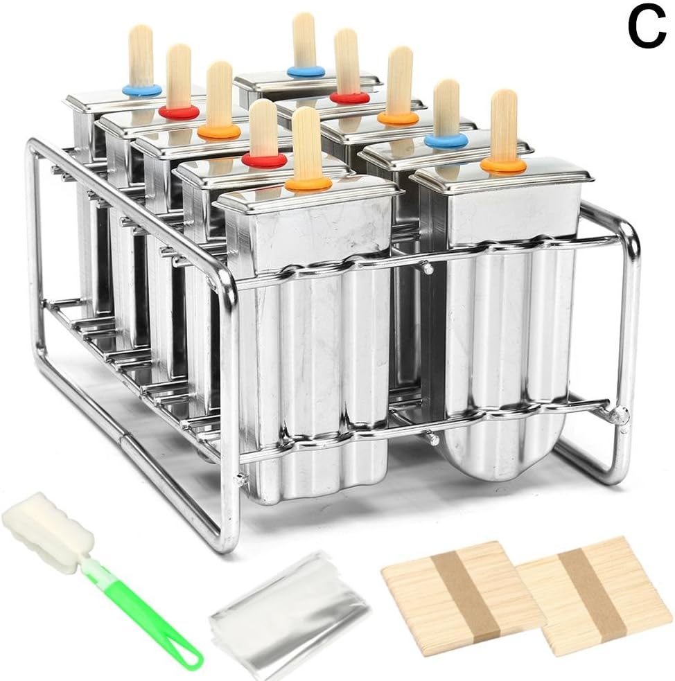 Ice Lolly Mold, Stainless Steel Popsicle Mold, Ice Cream Mould with Stainless Steel Stick Holder Base, Set of 10