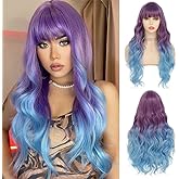 Tseses Purple to Blue Long Curly Wigs for Women Ombre Purple Synthetic Hair Natural Looking Wavy Wig Halloween Cosplay Hair Wig(Purple/Blue)