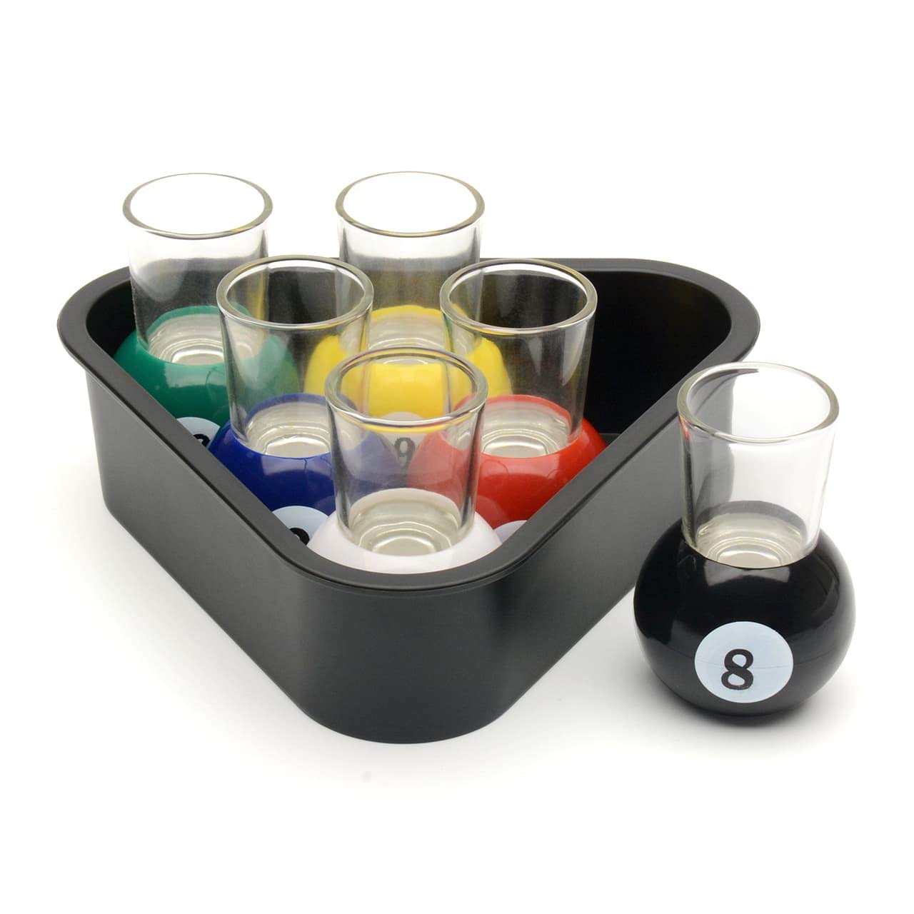CKB LTD 6 Pool Ball Shot Glasses with Triangle Rack Serving Tray - Table Billiards Novelty Drinking Games Room Home Bar Set