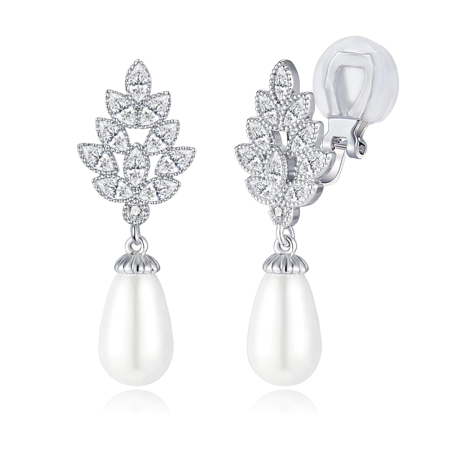 QUKE Leaf Shape Clip On Earrings for Women Cubic Zirconia Simulated Pearl Bridal Non-Pierced Dangle Jewellery