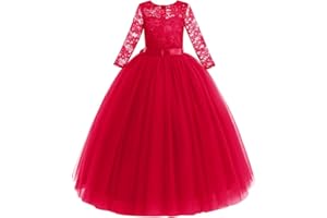 IWEMEK Flower Girls Long Lace Bridesmaid Dress 3/4 Sleeves Floor Length Wedding Party Evening Formal Pegeant Maxi Tulle Ball Gowns
