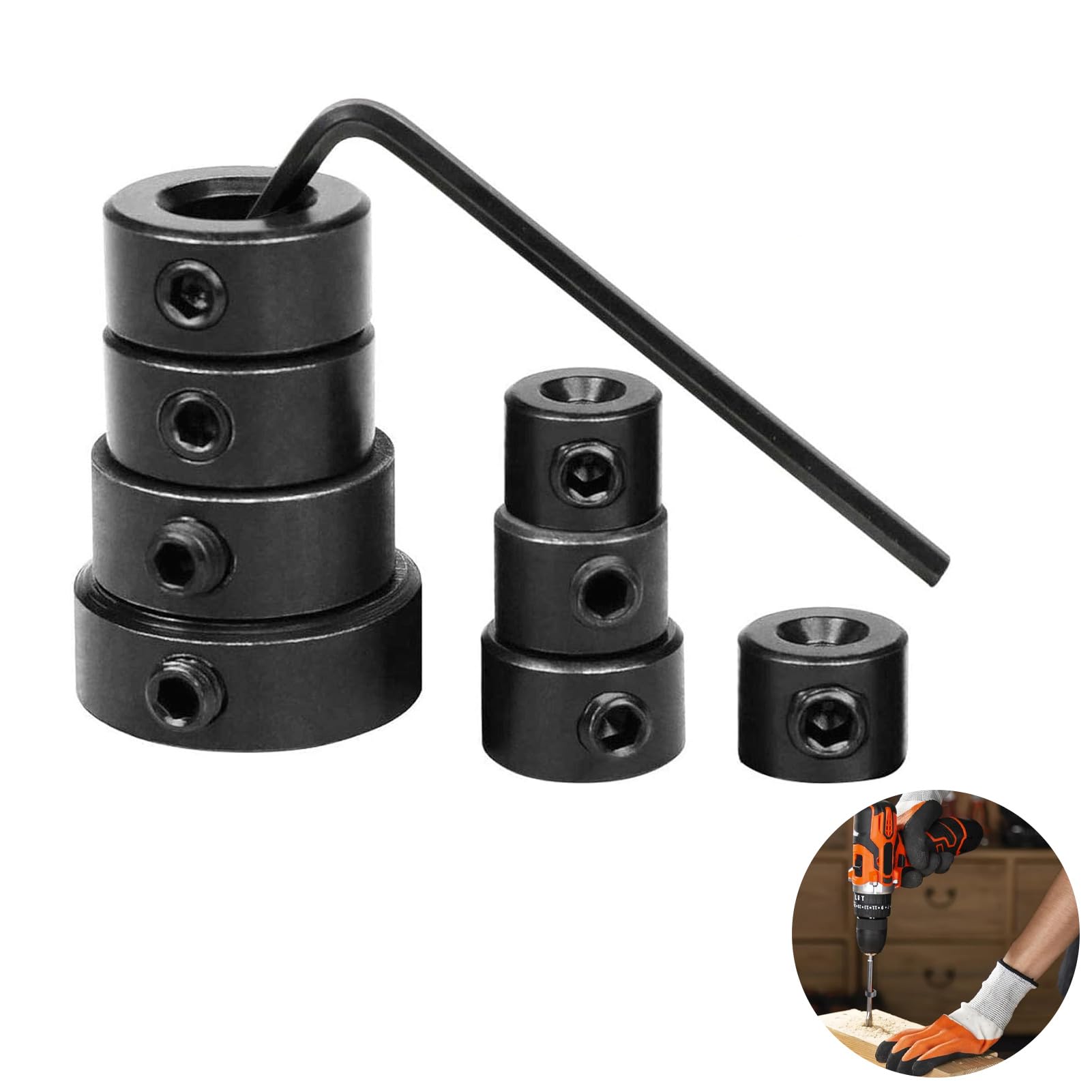 9 PCS Drill Bit Depth Stop Collar Ring Positioner Locator, 3/4/5/6/8/10/12/16mm Precision Woodworking Positioning Depth Limiter, Universal Heavy Duty Spacing Ring Accessories Set with Hexagon Wrench