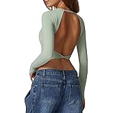 QINSEN Women's Crew Neck Open Back Long Sleeve Basic Crop Tops Stretch Backless Going Out Tee Shirt