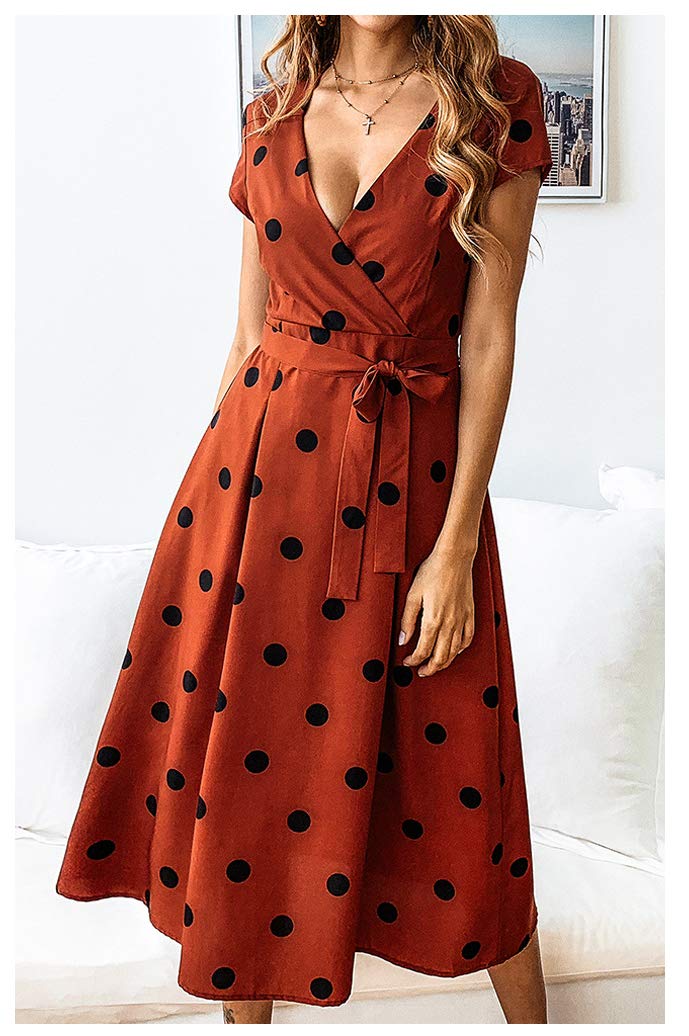 Women\'s Polka Dot Dress Vintage V Neck Pleated Wrap Dress A-Line Swing Midi Dress with Belt Brick Red L