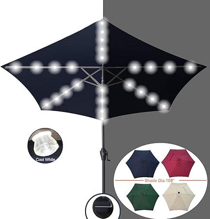 Amazon Com Casualstay Patio Umbrella 9ft Solar Outdoor Umbrella With Stripe 24 Led Lights Crank Tilt Function For Garden Lawn Backyard Pool Navy Blue Garden Outdoor