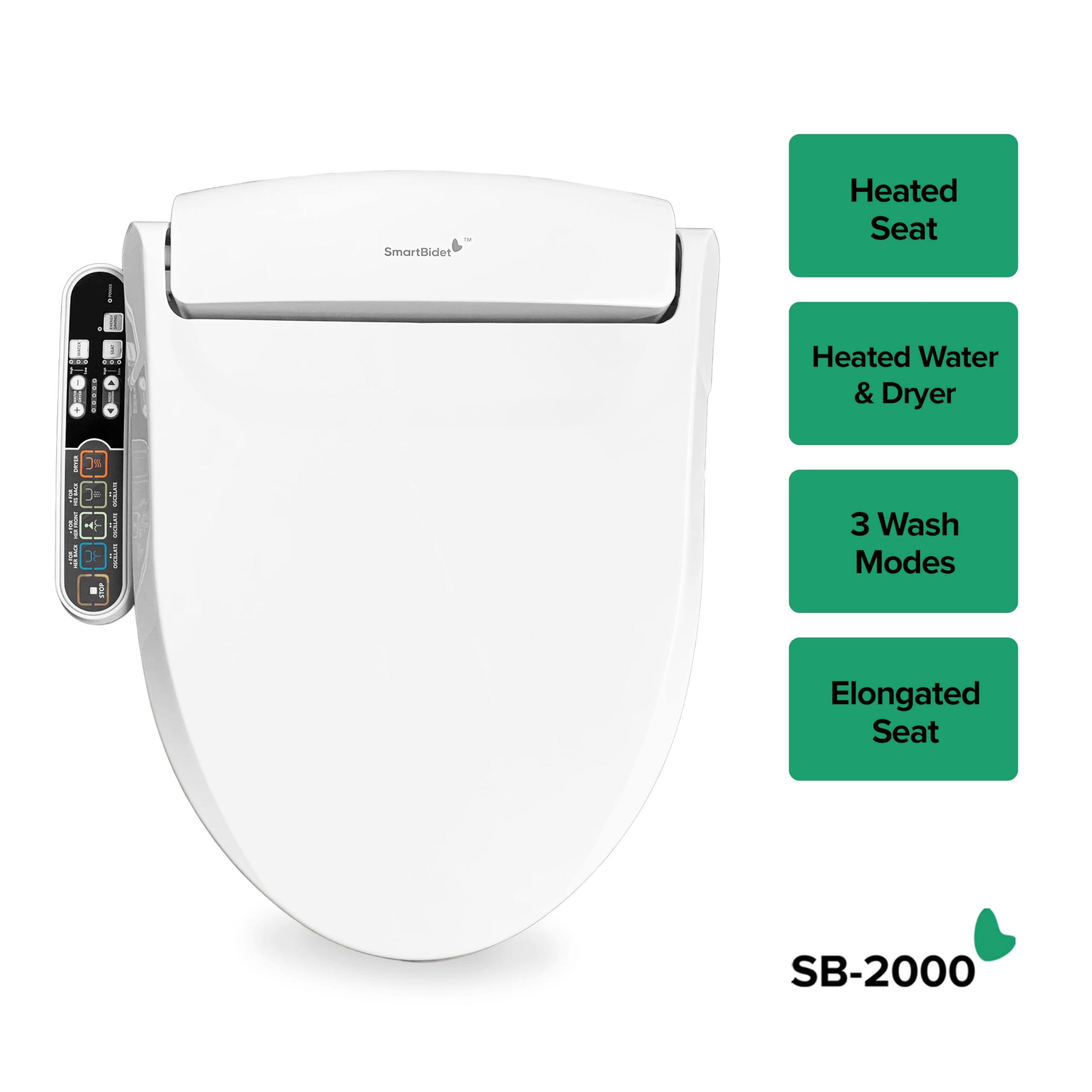 SmartBidet® SB-2000WE Electric Smart Bidet™ Toilet Seat with Heated Seat, Warm Air Dryer, Temperature Control Wash, and Control Panel, Elongated Seat