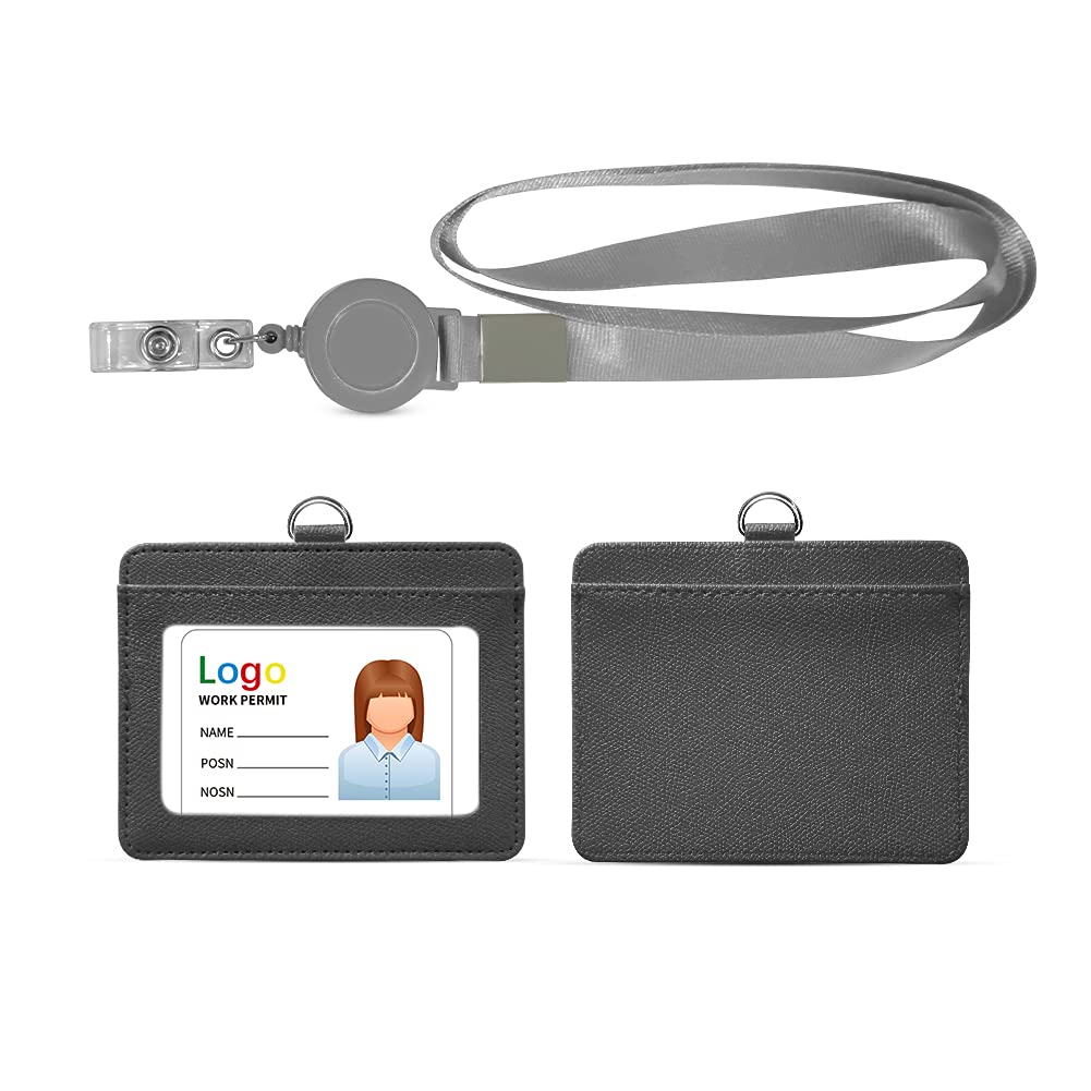 HYCOPROT ID Badge Holder 2-Sided Pu Leather with 1 Id Window and 1 Card Slot and 1 Piece 34.8 Inch Detachable Neck Lanyard id Card Holder for Office School Business Travel Student (Grey, Horizontal) — image 1