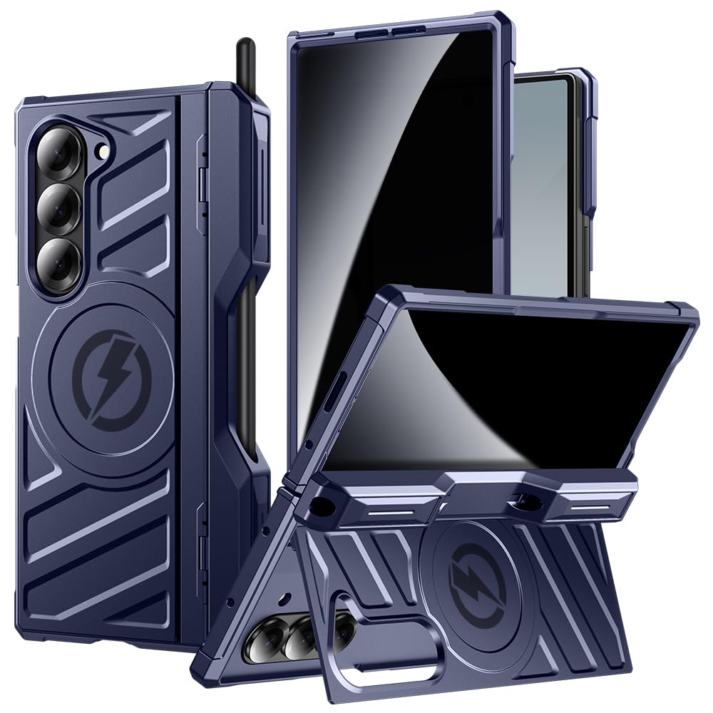Armor Magnetic Case for Samsung Galaxy Z Fold 6 with S Pen Holder, Fit for Magsafe, [Built-in Kickstand, Privacy Screen Protector, Hinge Protection] Shockproof Heavy Duty ZFold 6 Phone Cover Dark Blue