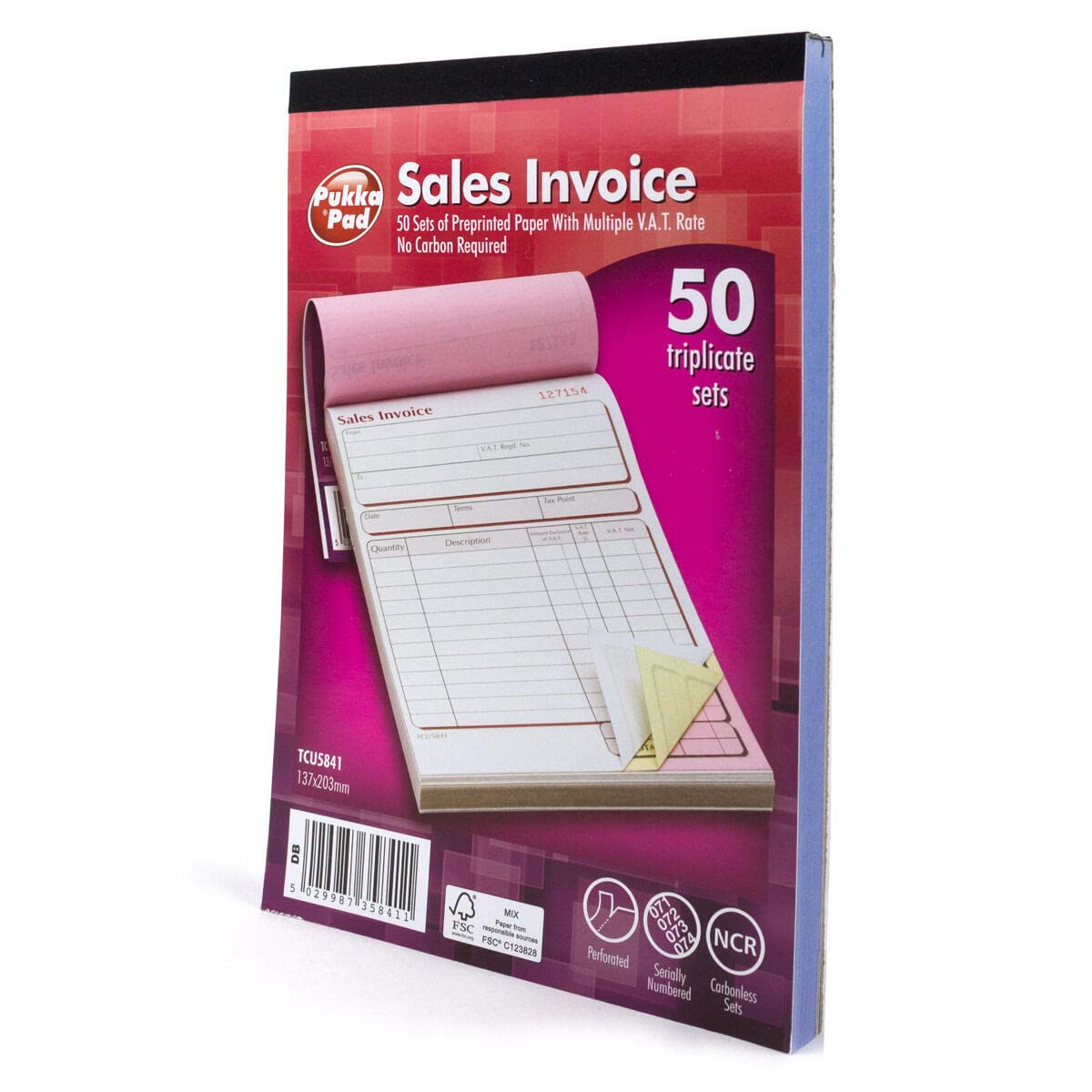 PUKKA PAD NCR TRIPLICATE SALES INVOICE BOOK 137x203mm TCU5841. SINGLE BOOK