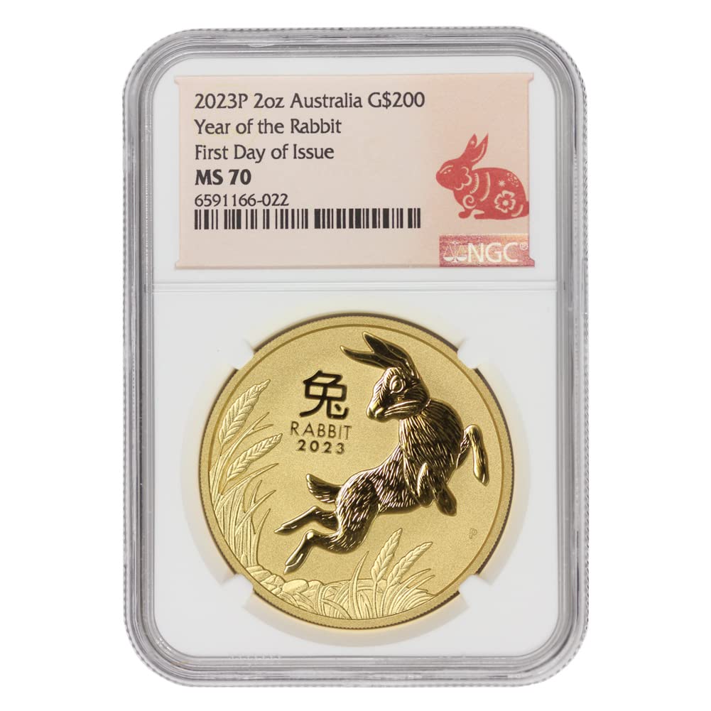 2023 AU 2oz Australian Gold Year of the Rabbit MS-70 First Day of Issue Lunar Label $200 MS70 NGC
