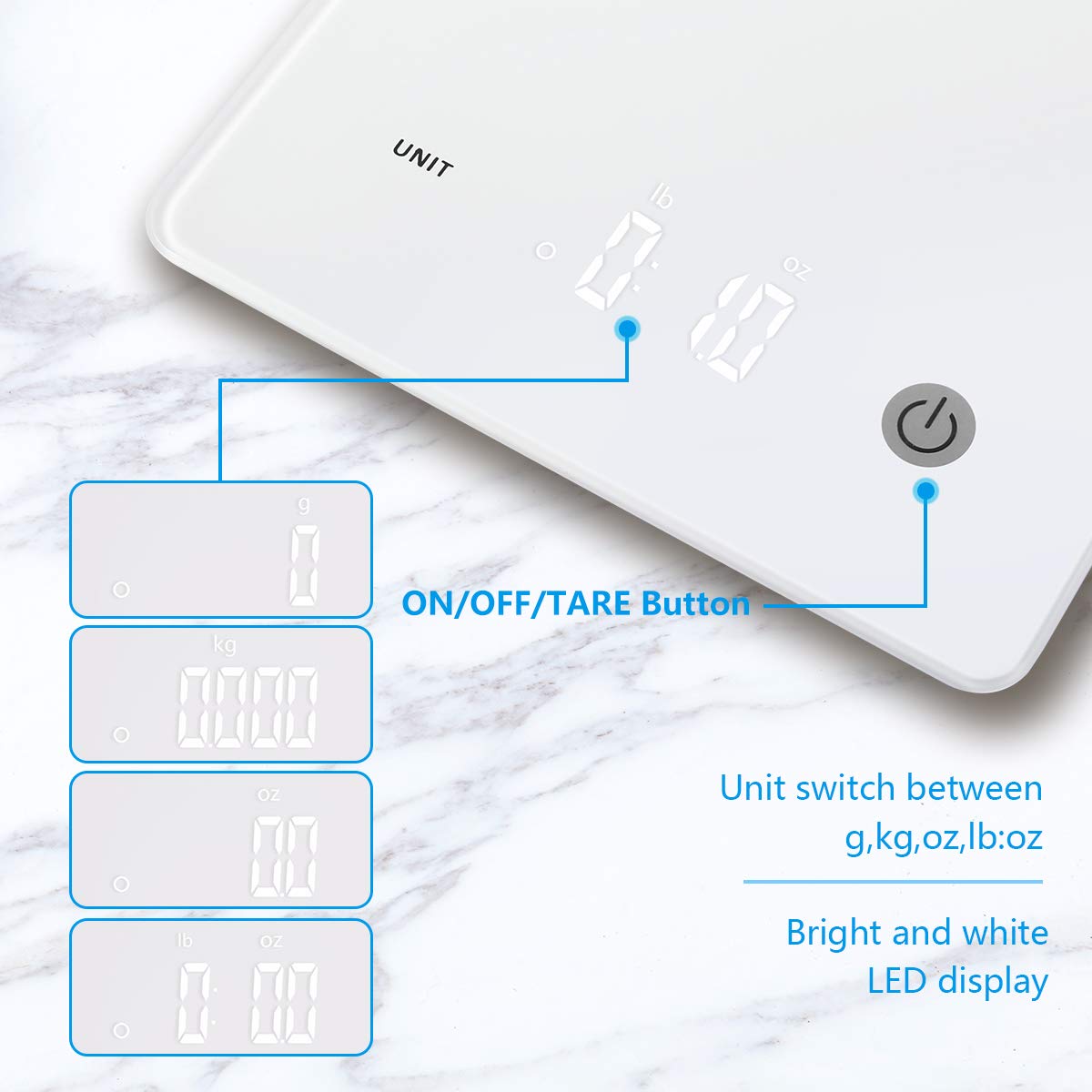 Vitafit Bilance da Cucina Digitale,Grande Capacità 10 kg/Alta Precisione 1g,Bilancia Pesa Alimenti con Piattaforma in Vetro Temperato e Display a LED, Design Ultra Sottile, Bianco Elegante