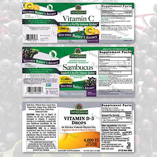 Nature\'s Answer Immune Support Bundle with Vitamin C, Sambucus and Vitamin D-3 - Dietary Herbal Supplement - Non GMO & Kosher - Alcohol Free Gluten Free 100% Vegan