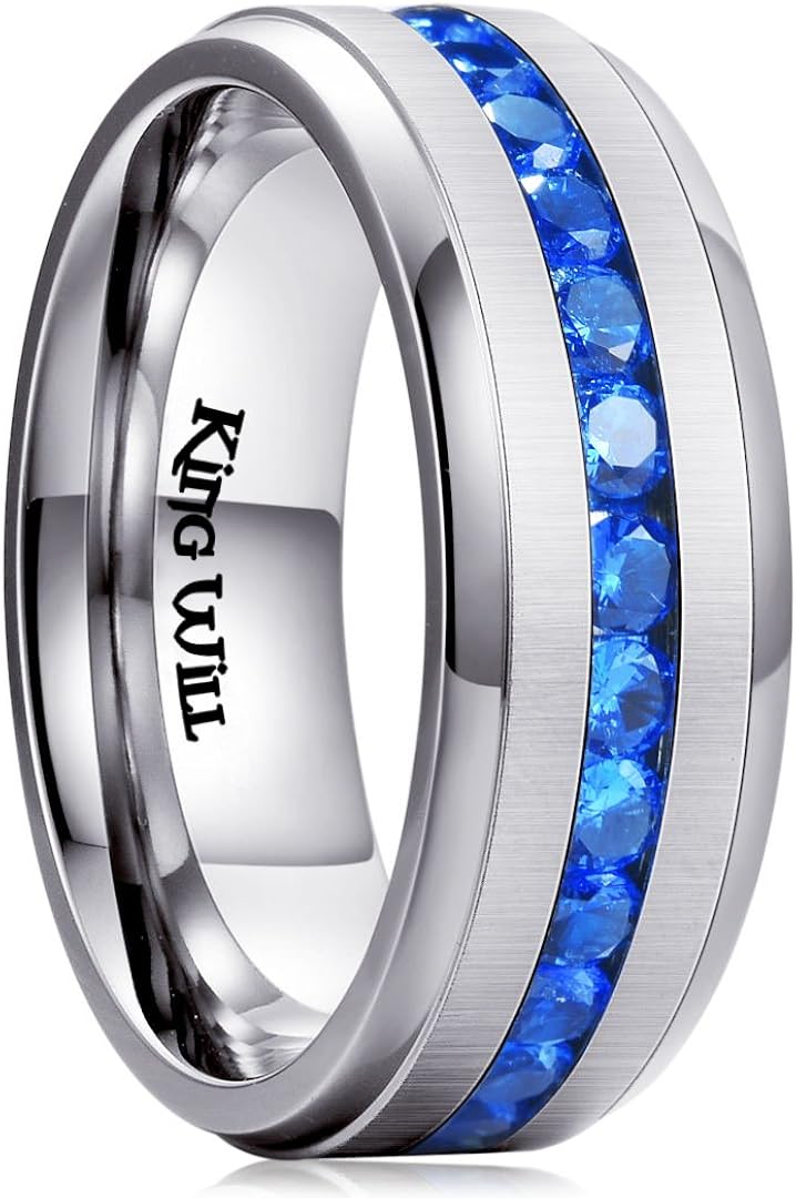King Will 8mm Silver/Black Titanium Ring for Men Women Wedding Band With Blue/White Inlay Engagement Ring | 