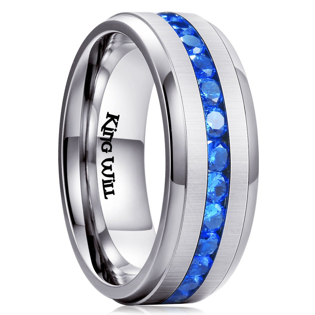 King Will 8mm Titanium Engagement Ring Wedding Band Blue Simulated Sapphire Cubic Zirconia(13)