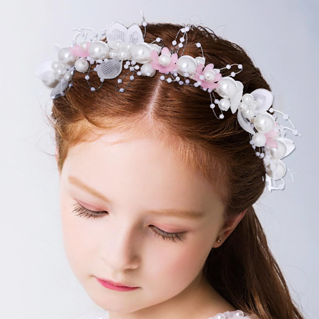 IYOU Pearl Wedding Hair Bands Pink Pearl Bridal Headband Flower Princess Flower Girls Headpiece Hair Accessories for Kids — image 1