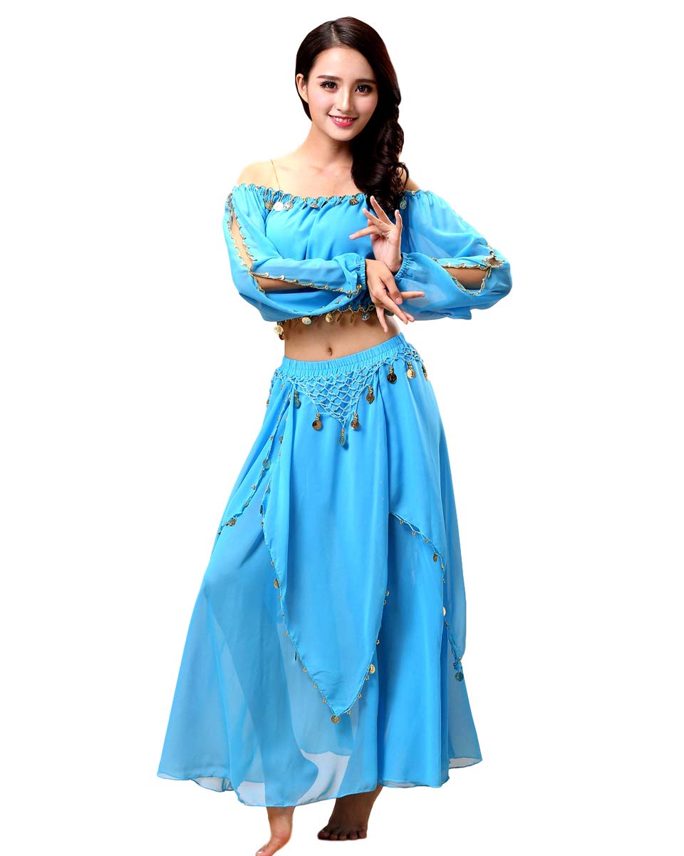 Grouptap Arabian womens belly dancer long sleeve indian Bollywood costume set outfit blue slit top pants ladies girls dancing (Cyan, 150-170 cm)